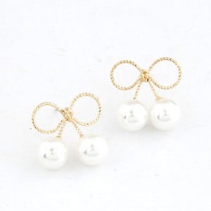 Korean Style Pearls Embellished Golden Bowknot Ear Studs