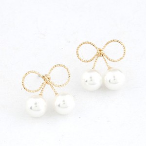 Korean Style Pearls Embellished Golden Bowknot Ear Studs