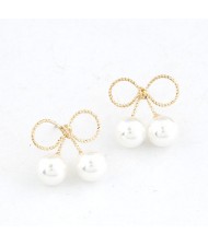 Korean Style Pearls Embellished Golden Bowknot Ear Studs