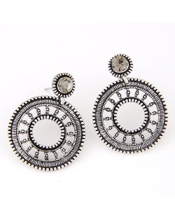 Gem Decorated Dangling Vintage Hollow Round Pendant Design Bold Style Ear Studs