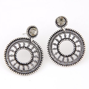 Gem Decorated Dangling Vintage Hollow Round Pendant Design Bold Style Ear Studs