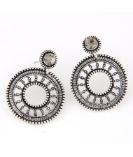 Gem Decorated Dangling Vintage Hollow Round Pendant Design Bold Style Ear Studs