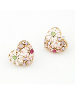 Colorful Czech Rhinestone and Oil Spot Glazed Chrysanthemum Embellished Hollow Heart Ear Studs