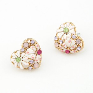 Colorful Czech Rhinestone and Oil Spot Glazed Chrysanthemum Embellished Hollow Heart Ear Studs