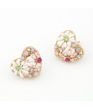 Colorful Czech Rhinestone and Oil Spot Glazed Chrysanthemum Embellished Hollow Heart Ear Studs