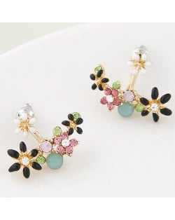 Czech Rhinestone Combined Sweet Flower Cluster Design Fashion Ear Studs - Black