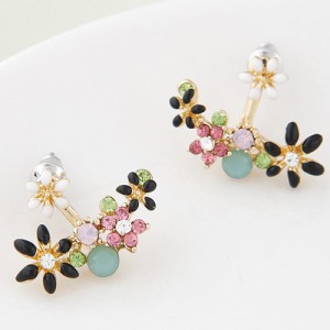 Czech Rhinestone Combined Sweet Flower Cluster Design Fashion Ear Studs - Black