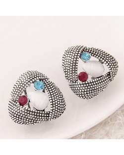Colorful Rhinestone and Opal Inlaid Vintage Silver Revolving Triangle Ear Studs