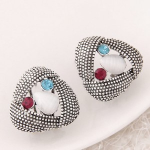 Colorful Rhinestone and Opal Inlaid Vintage Silver Revolving Triangle Ear Studs