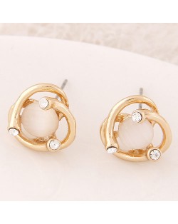 Opal Enclosed with Rhinestone Embellished Golden Ear Studs