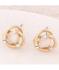 Opal Enclosed with Rhinestone Embellished Golden Ear Studs