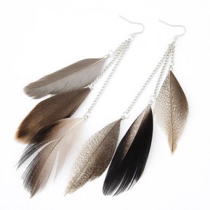Graceful Triple Dangling Feather Fashion Earrings - Brown
