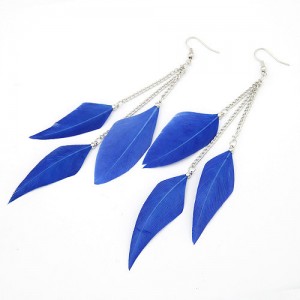 Graceful Triple Dangling Feather Fashion Earrings - Blue
