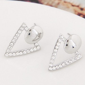 Czech Rhinestone Embellished Sweet Triangle Korean Fashion Ear Studs - Silver