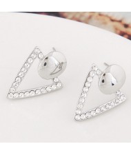 Czech Rhinestone Embellished Sweet Triangle Korean Fashion Ear Studs - Silver
