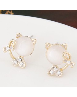 Czech Rhinestone and Opal Combined Sweet Cat Fashion Ear Studs - White