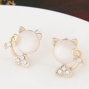 Czech Rhinestone and Opal Combined Sweet Cat Fashion Ear Studs - White