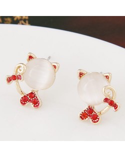Czech Rhinestone and Opal Combined Sweet Cat Fashion Ear Studs - Red