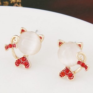 Czech Rhinestone and Opal Combined Sweet Cat Fashion Ear Studs - Red
