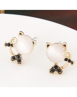 Czech Rhinestone and Opal Combined Sweet Cat Fashion Ear Studs - Black