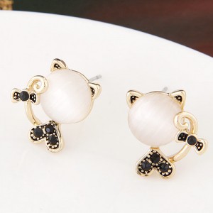 Czech Rhinestone and Opal Combined Sweet Cat Fashion Ear Studs - Black