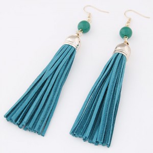 Cloth Tassel with Gem Ball Decorated Fashion Earrings - Teal