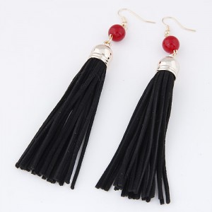 Cloth Tassel with Gem Ball Decorated Fashion Earrings - Black
