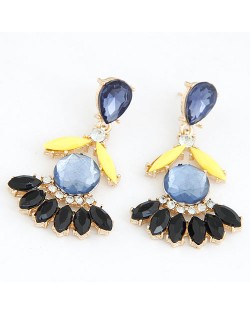 Resplendent Resin Gems Combined Floral Design Dangling Fashion Earrings - Dark Blue and Black