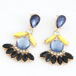 Resplendent Resin Gems Combined Floral Design Dangling Fashion Earrings - Dark Blue and Black
