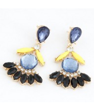 Resplendent Resin Gems Combined Floral Design Dangling Fashion Earrings - Dark Blue and Black