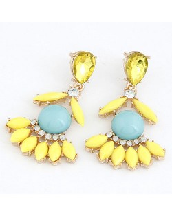 Resplendent Resin Gems Combined Floral Design Dangling Fashion Earrings - Yellow