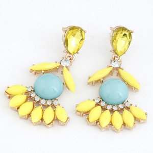 Resplendent Resin Gems Combined Floral Design Dangling Fashion Earrings - Yellow