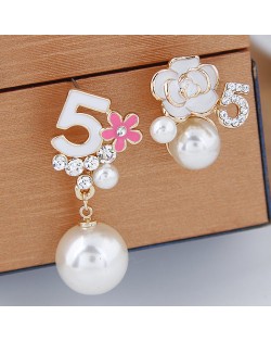 Asymmetric Number 5 and Flower Design with Pearl Decorated Fashion Ear Studs - White