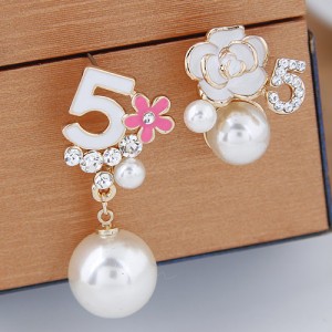 Asymmetric Number 5 and Flower Design with Pearl Decorated Fashion Ear Studs - White