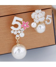 Asymmetric Number 5 and Flower Design with Pearl Decorated Fashion Ear Studs - White