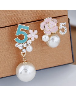 Asymmetric Number 5 and Flower Design with Pearl Decorated Fashion Ear Studs - Pink