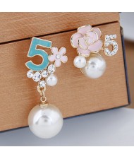 Asymmetric Number 5 and Flower Design with Pearl Decorated Fashion Ear Studs - Pink