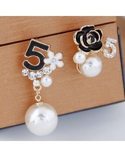Asymmetric Number 5 and Flower Design with Pearl Decorated Fashion Ear Studs - Black