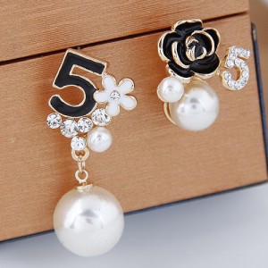 Asymmetric Number 5 and Flower Design with Pearl Decorated Fashion Ear Studs - Black