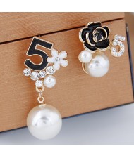 Asymmetric Number 5 and Flower Design with Pearl Decorated Fashion Ear Studs - Black