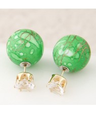 Colorful Turquoise Texture Ball with Rhinestone Embellished Fashion Ear Studs - Green