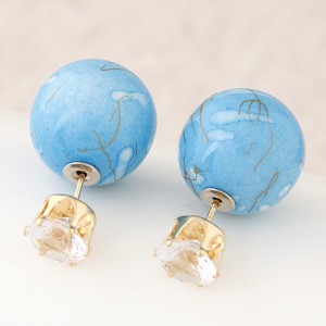 Colorful Turquoise Texture Ball with Rhinestone Embellished Fashion Ear Studs - Blue