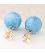Colorful Turquoise Texture Ball with Rhinestone Embellished Fashion Ear Studs - Blue
