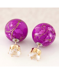 Colorful Turquoise Texture Ball with Rhinestone Embellished Fashion Ear Studs - Violet