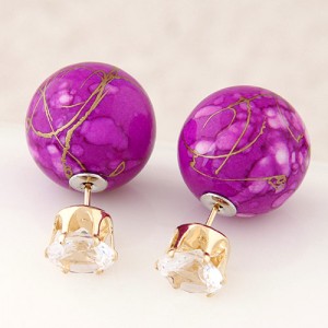 Colorful Turquoise Texture Ball with Rhinestone Embellished Fashion Ear Studs - Violet