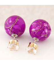 Colorful Turquoise Texture Ball with Rhinestone Embellished Fashion Ear Studs - Violet