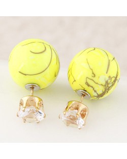 Colorful Turquoise Texture Ball with Rhinestone Embellished Fashion Ear Studs - Yellow