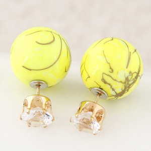 Colorful Turquoise Texture Ball with Rhinestone Embellished Fashion Ear Studs - Yellow