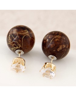 Colorful Turquoise Texture Ball with Rhinestone Embellished Fashion Ear Studs - Brown