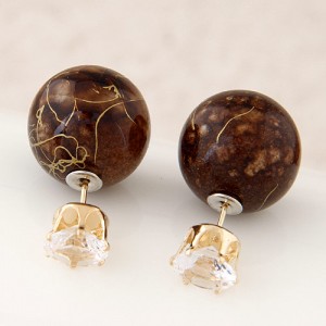 Colorful Turquoise Texture Ball with Rhinestone Embellished Fashion Ear Studs - Brown